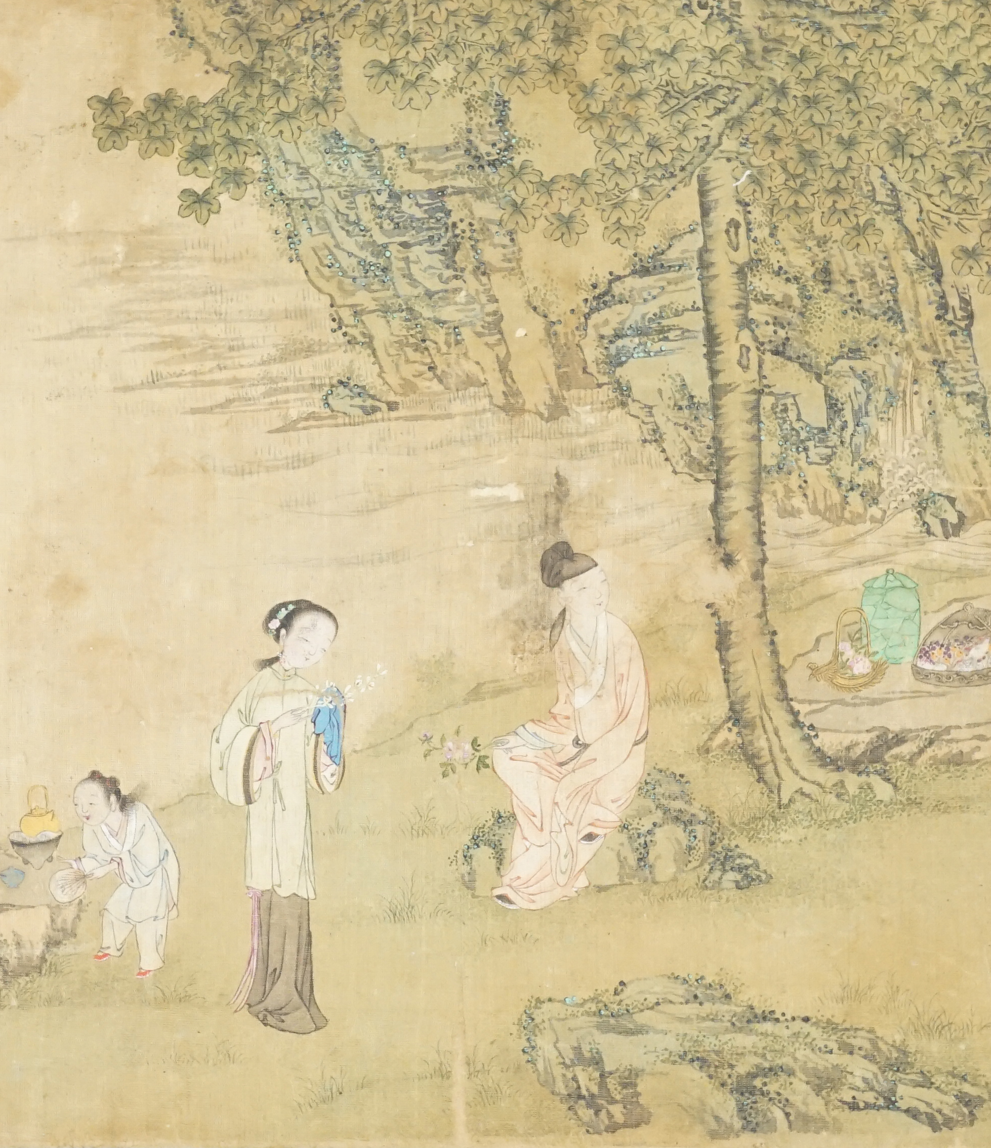 An album of six Chinese paintings on silk of lovers, late Ming dynasty, with six adjacent pages of calligraphy on paper, pages separated, some losses to images and calligraphy